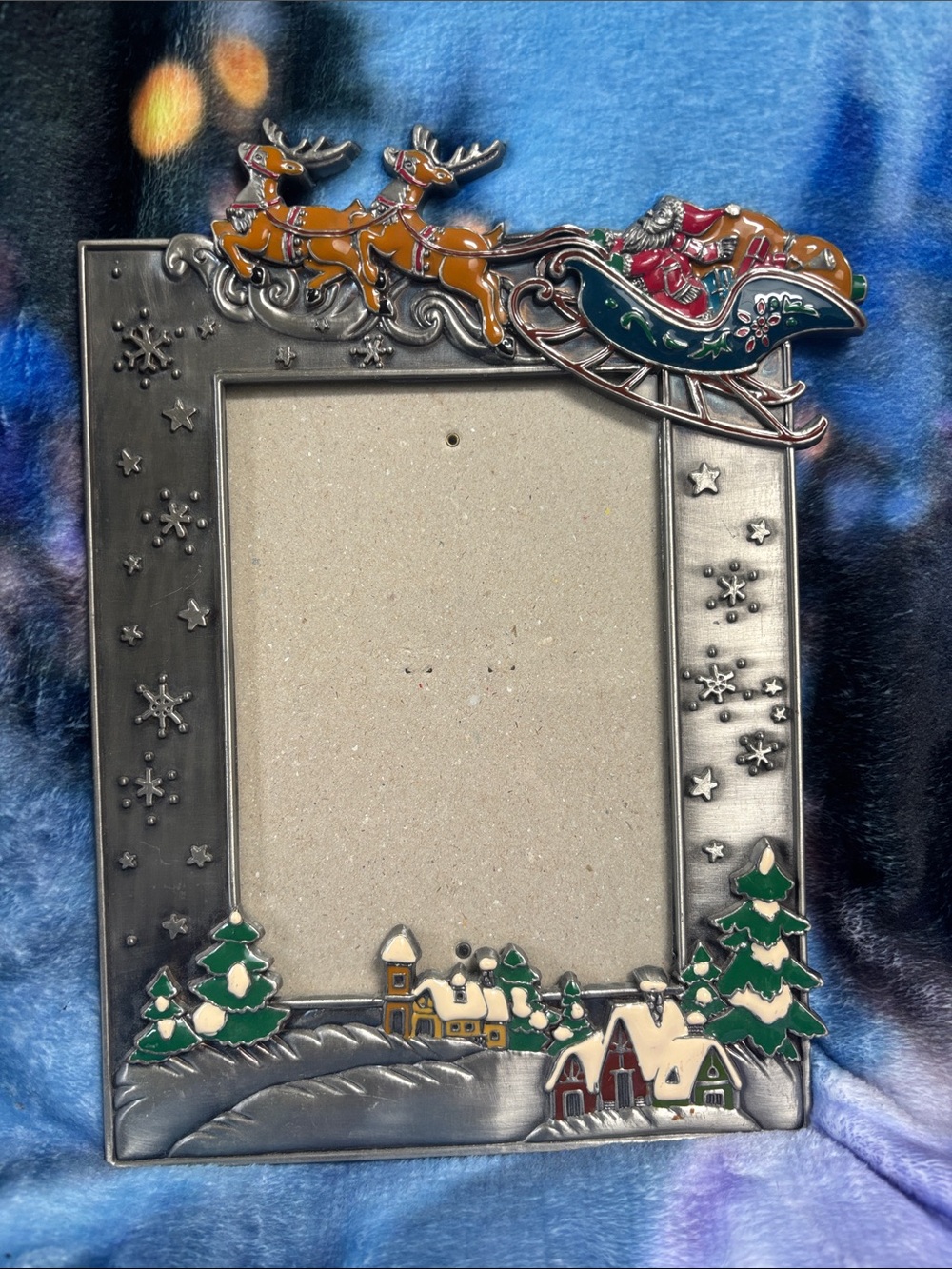 Vintage Santa Sleigh Enamel Pewter Picture Frame 5x7